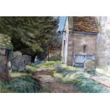 ARTHUR MILES watercolour - figure walking along pathway in graveyard outside church, signed and