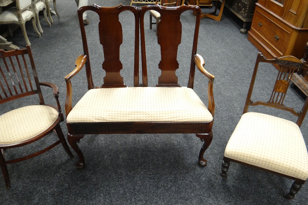 A SEMI-UPHOLSTERED ELBOW SETTEE together with similarly upholstered marquetry chair and another