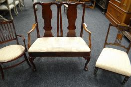 A SEMI-UPHOLSTERED ELBOW SETTEE together with similarly upholstered marquetry chair and another