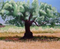 NORMAN CHECKETTS oil on canvas - tree in a sunny Continental landscape, 93 x 111cms