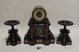 AN IMPOSING FRENCH SLATE & MARBLE MANTEL CLOCK GARNITURE of architectural form with flanking side