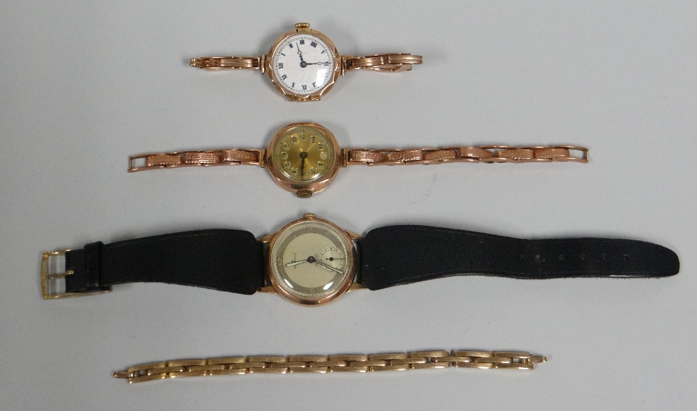 THREE PART 9CT GOLD WRISTWATCHES & A 9CT WATCH BRACELET