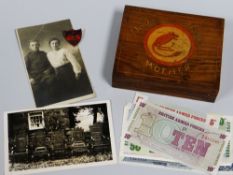 AN INLAID LIDDED BOX WITH DESERT RAT EMBLEM and the words 'Alamein, Tunis and Mother' to the top,