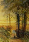 JAY RENSHAW watercolour - figure on a woodland path at sunset, signed, 37 x 26cms