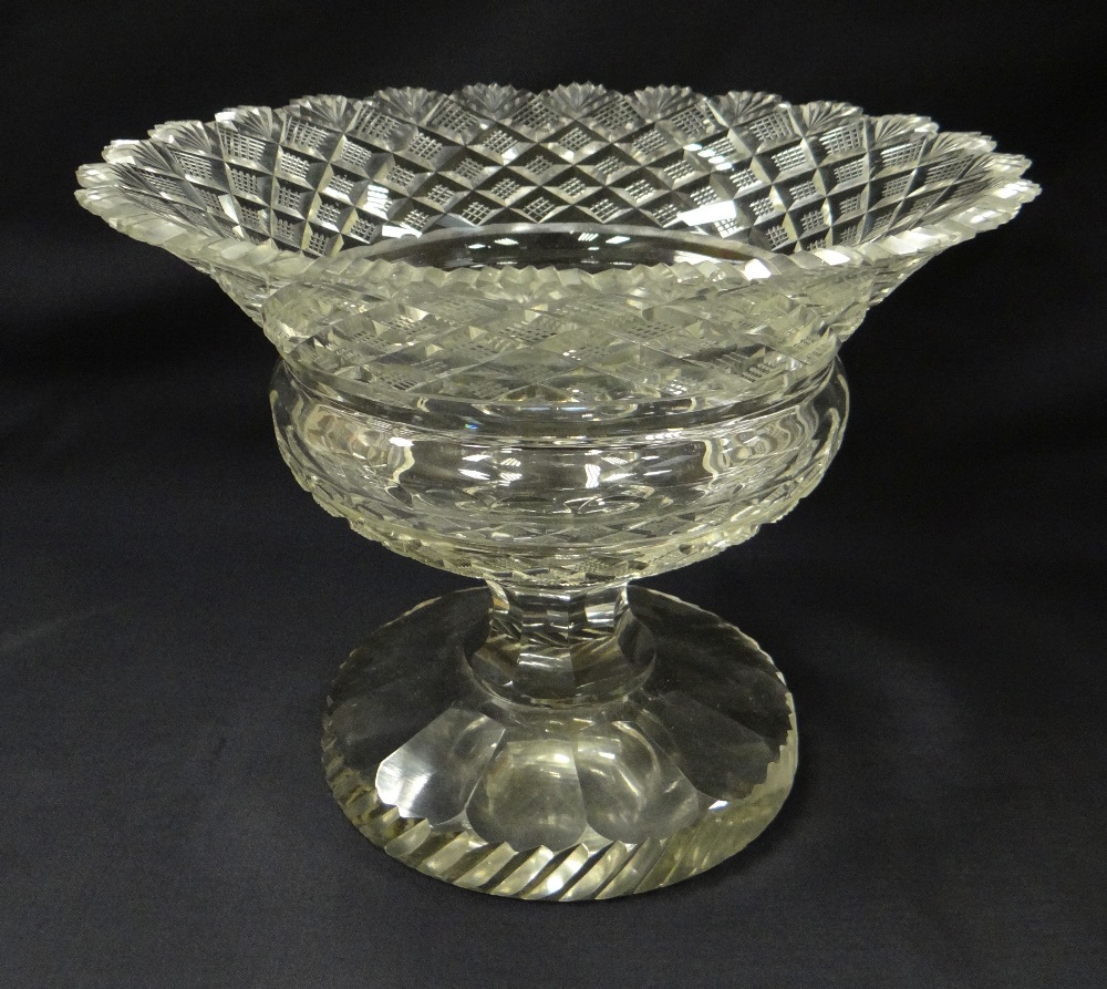 A NINETEENTH CENTURY IRISH CRYSTAL TABLE-CENTREPIECE of circular pedestal form and with hobnail