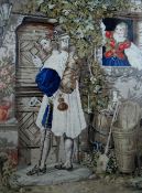 FRAMED CONTINENTAL TAPESTRY traveller returning home and waiting wife, 76 x 59cms