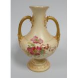 A SMALL ROYAL WORCESTER BLUSH VASE with twin-handles on a circular foot and the body painted with