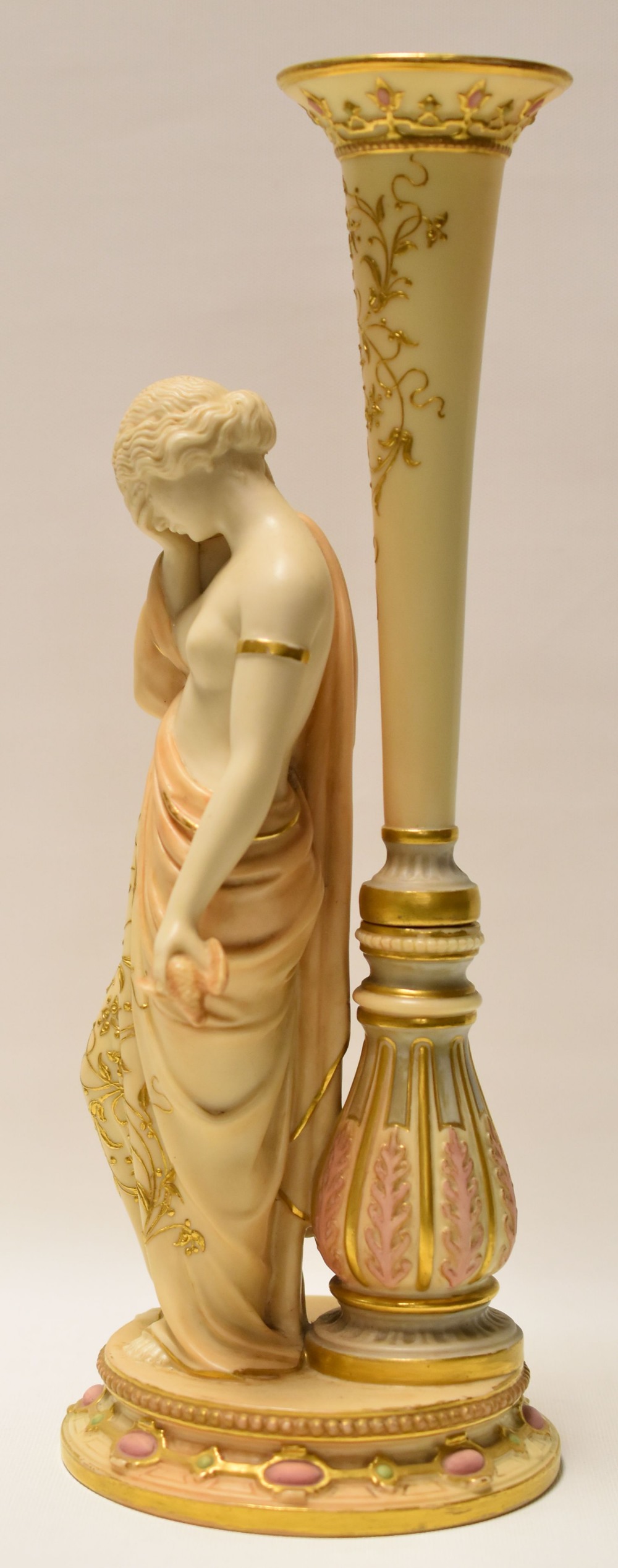 A ROYAL WORCESTER FIGURAL VASE in the Classical style with sorrowful robed lady holding a dead - Image 2 of 2