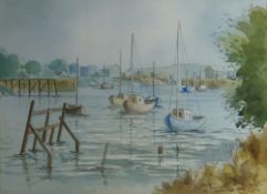 VERNON H HILL watercolour - boats moored in estuary, entitled verso 'Seascape, Penarth Dock', signed