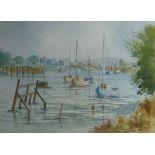 VERNON H HILL watercolour - boats moored in estuary, entitled verso 'Seascape, Penarth Dock', signed