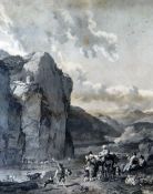 UNKNOWN framed etching - rural scene with river running below cliff face with peasant farmers, 60