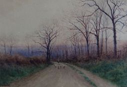 ALFRED ASHDOWN BOX watercolour - young boy driving sheep along country lane in autumn, signed, 24