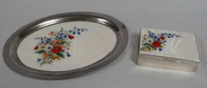 A SILVER & GUILLOCHE ENAMEL CIGARETTE BOX decorated with a floral spray, Birmingham 1936, together