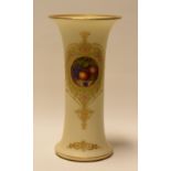 A ROYAL WORCESTER TRUMPET VASE in ivory ground, painted with a cartouche of fruit by William Bee,