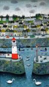 JOAN GILCHREST oil on board - view of harbour entrance with lighthouse and streets beyond,