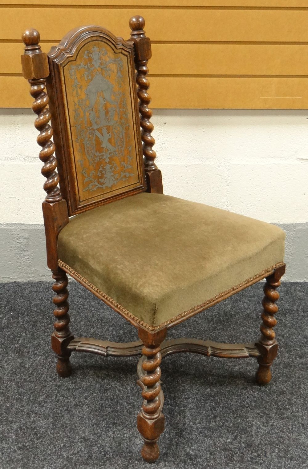 A SET OF FOUR ITALIAN PEWTER INLAID CHAIRS having barley-twist supports, shaped stretchers and the - Image 3 of 3