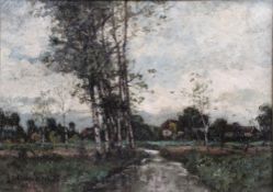 Unverdross Raphael Oskar, 1873-1952.Landschaft mit Bach, im Hintergrund Dorf. Links unten sign: "