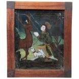 Hinterglasbild. 19. Jh.Hl. Hubertus. Biedermeier-Rahmen. H: 32 x 26 cm. Tempera/Glas. Sprünge.