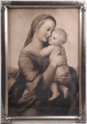 Madonnenbildnis."Madonna Tempi" nach Raphael. Druck, hinter Glas. Rahmen. H: 56 x 37,5 cm.