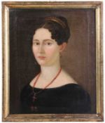Damenportrait, 19. Jh.Junge Frau im Halbportrait mit aufwendigem Korallenschmuck. Verso bez: "