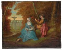 Unbekannt. Frankreich, 18. Jh.Galantes Paar beim Musizieren im Park. Öl/Lwd. H: 33 x 41,5 cm. 20.