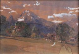 Compton Edward Theodore. Darmstadt 1849-1921 München.Berghof an den Alpen. Aquarell, weiß gehöht.