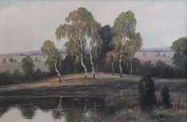 Tiehl Hans, 20. Jh.Landschaft mit Birken am Wasser. R. u. sign. Öl/Lwd, Rahmen. H: 52 x 79 cm.