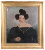 Deutsch, um 1830.Biedermeier-Portrait einer Dame im dunkelgrünen Taftkleid, Goldschmuck und