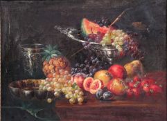 Eduard Huber Andorf, 1877 - 1965.Früchtestillleben mit Silbergefäßen, r. u. sign. Öl/Lwd.,
