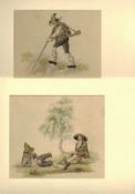 Konvolut Skizzen.Nach 1900. Drei kol. Bleistiftzeichungen von Jägern auf Landschaftssockel. Dazu