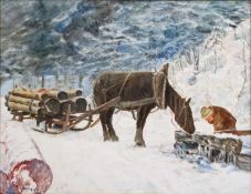 Hengge Josef, 1890 - 1970.Rastender Holzer mit Pferdeschlitten an einer Tränke im Winterwald.