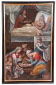 Mainfranken, um 1650.Darstellung der Geburt Mariens. Hl. Anna im Wochenbett, darunter die Heilige