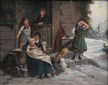 Pfisterer A(?), 19. Jh.Winterliches Familienidyll, l. u. sign. Öl/Lwd, Rahmen. H: 42 x 52,5 cm. Min.