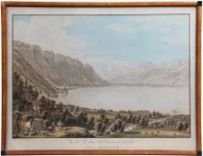 Lory Gabriel, 1763 - 1840.Altkol. Umrissradierung. Vue de Moutru (Montreux) et du Chateau de Chillon
