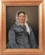 Unbekannt, 19. Jh.Portrait einer Bürgersfrau im blauen Seidenkleid mit Spitzenhaube. Öl/Lwd.,