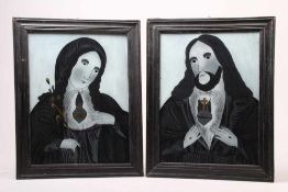 Paar Hinterglasbilder. 19. Jh.Hl. Herz Mariae und Herz Jesu. Wohl Sandl. Tempera/Glas. Originale