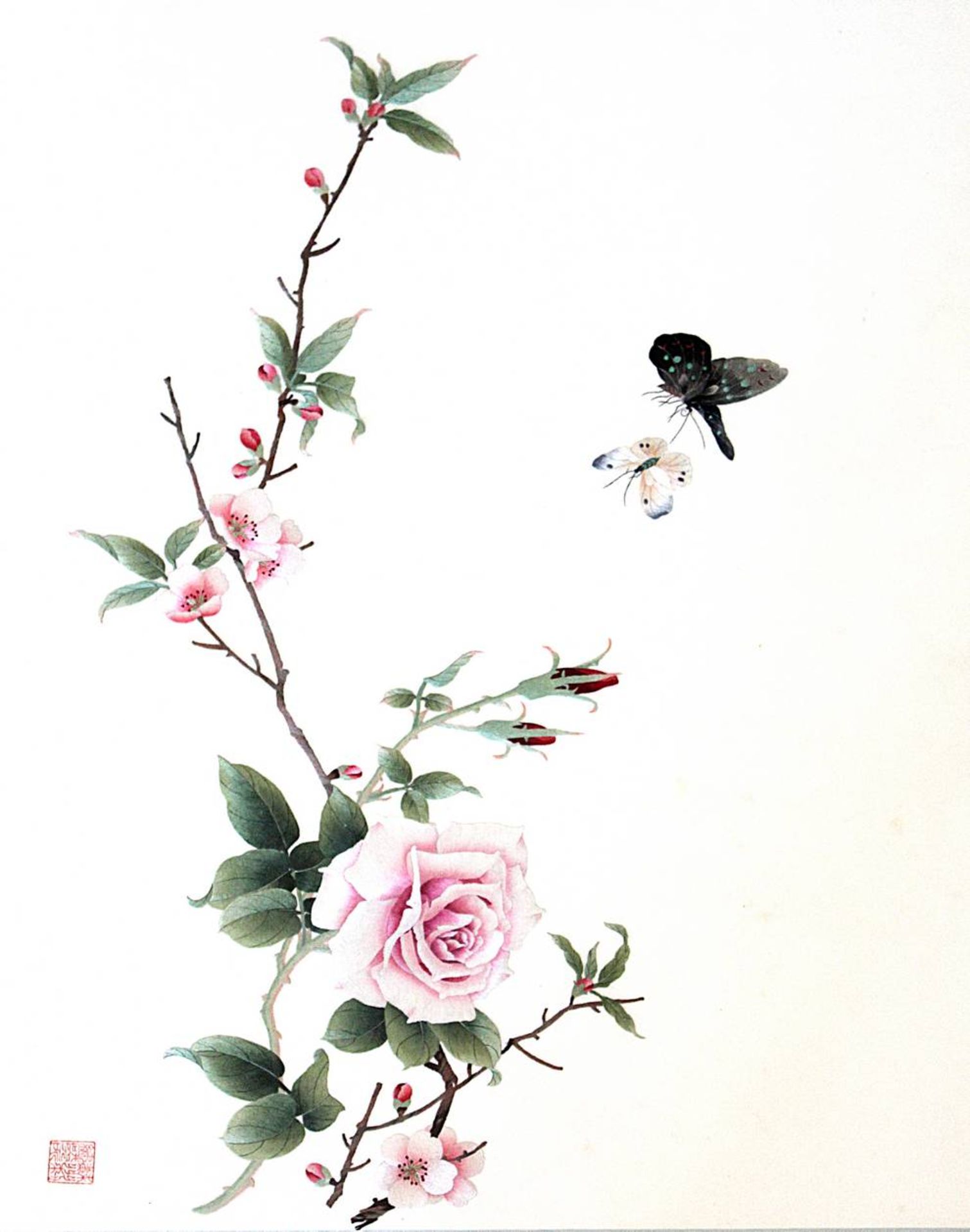 Seidenstickerei, China um 1920. Feingestickter Rosenzweig mit Schmetterlingen. Unten links