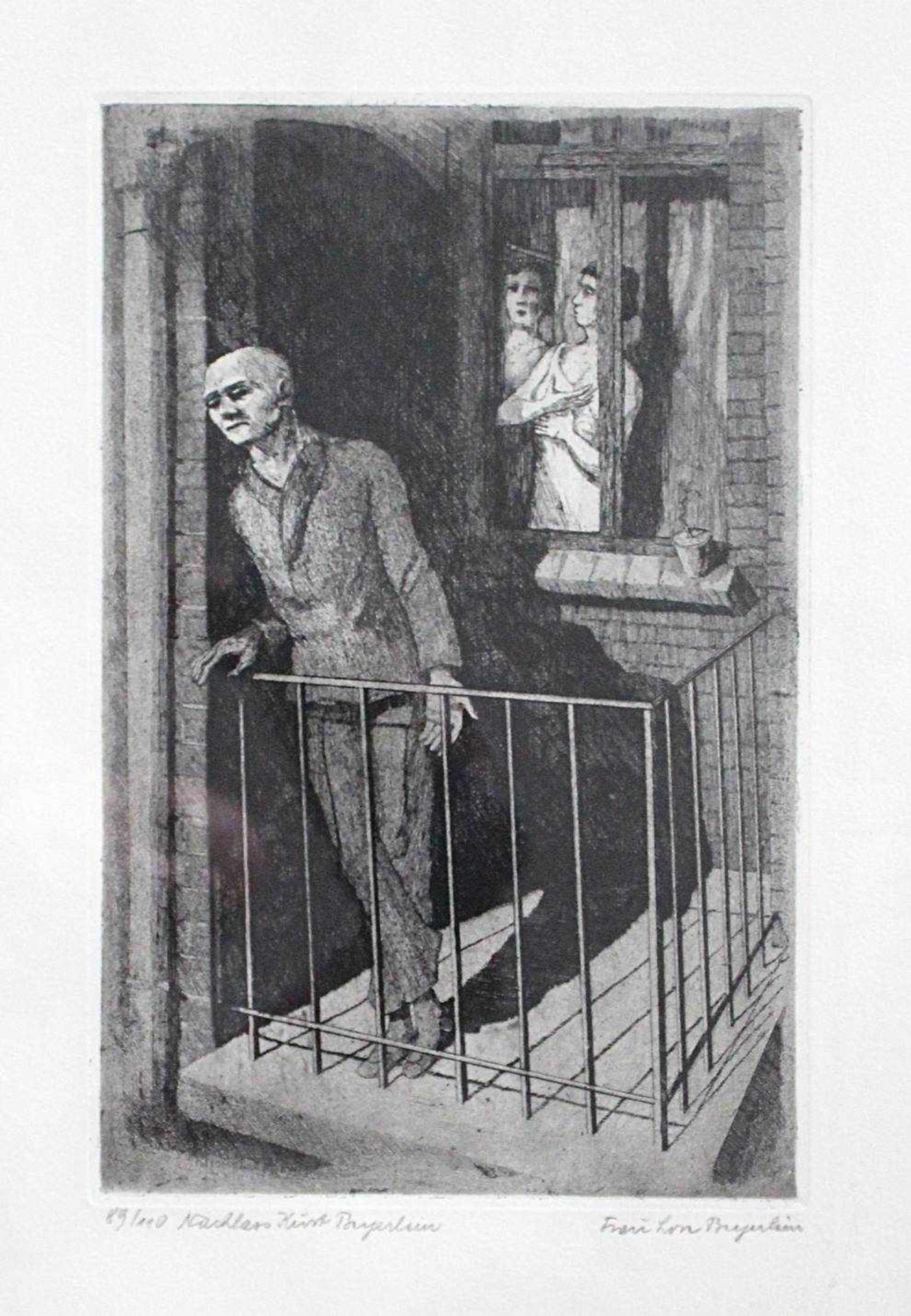 Beyerlein, Kurt 1904 - 1945, Radierung "Mann auf dem Balkon". Unten links Aufl. 89/110, "Nachlass