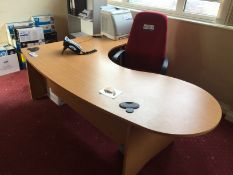 Light Oak Veneered Curved Desk c/w Three Drawer Pedestal