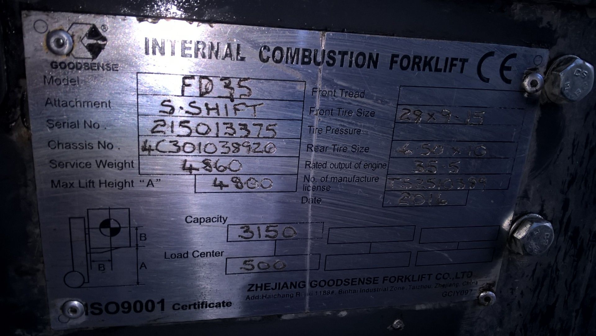 Goodsense FD35 3150kg cap. DIESEL FORK LIFT TRUCK, serial no. 215013375, year of manufacture 2016, - Image 5 of 5