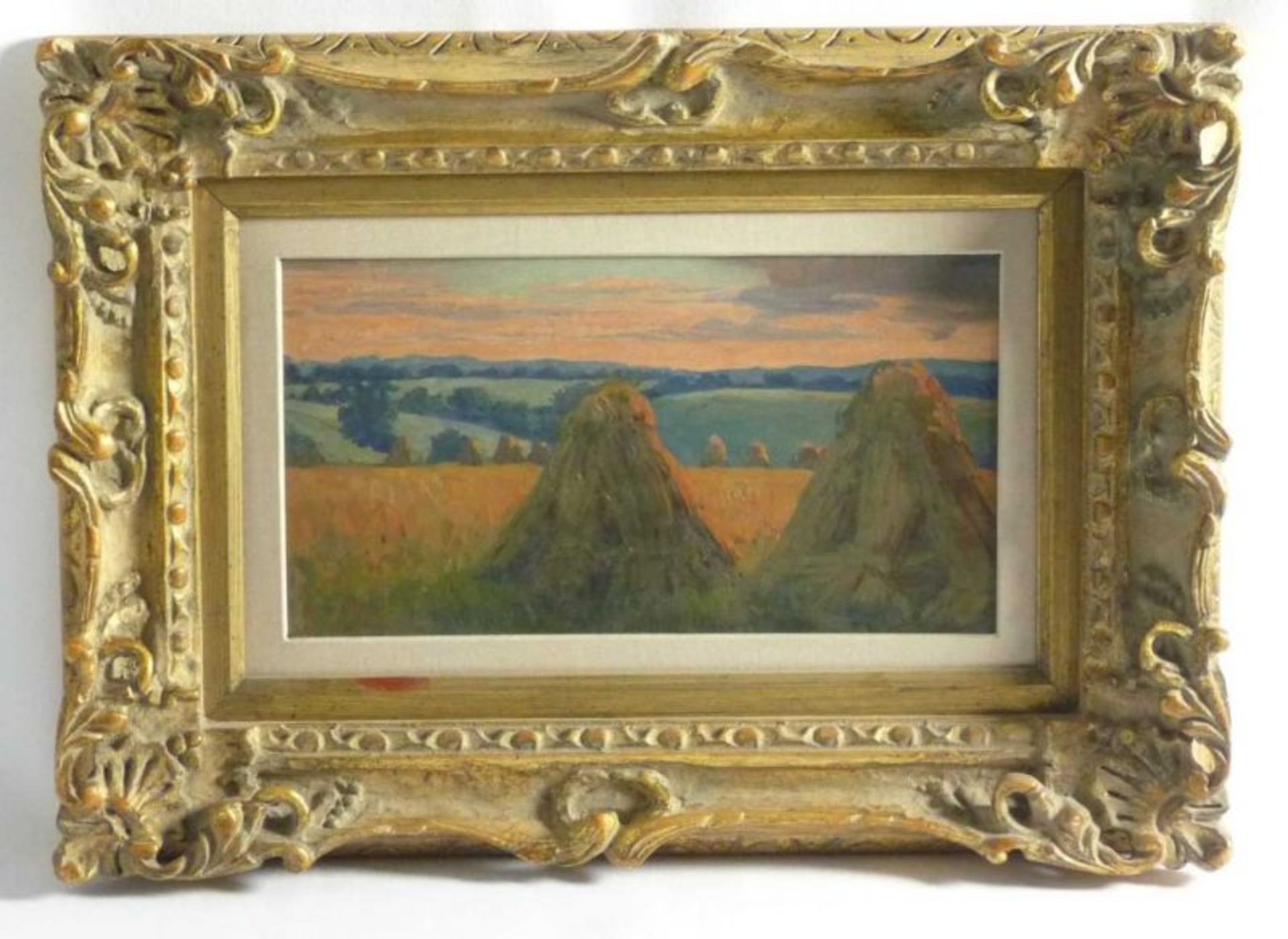 Goebl-Wahl, Camilla Landschaft mit Heumanderln im Abendrot (Wien 1877-1965) Öl/Karton. Links unten - Bild 2 aus 2