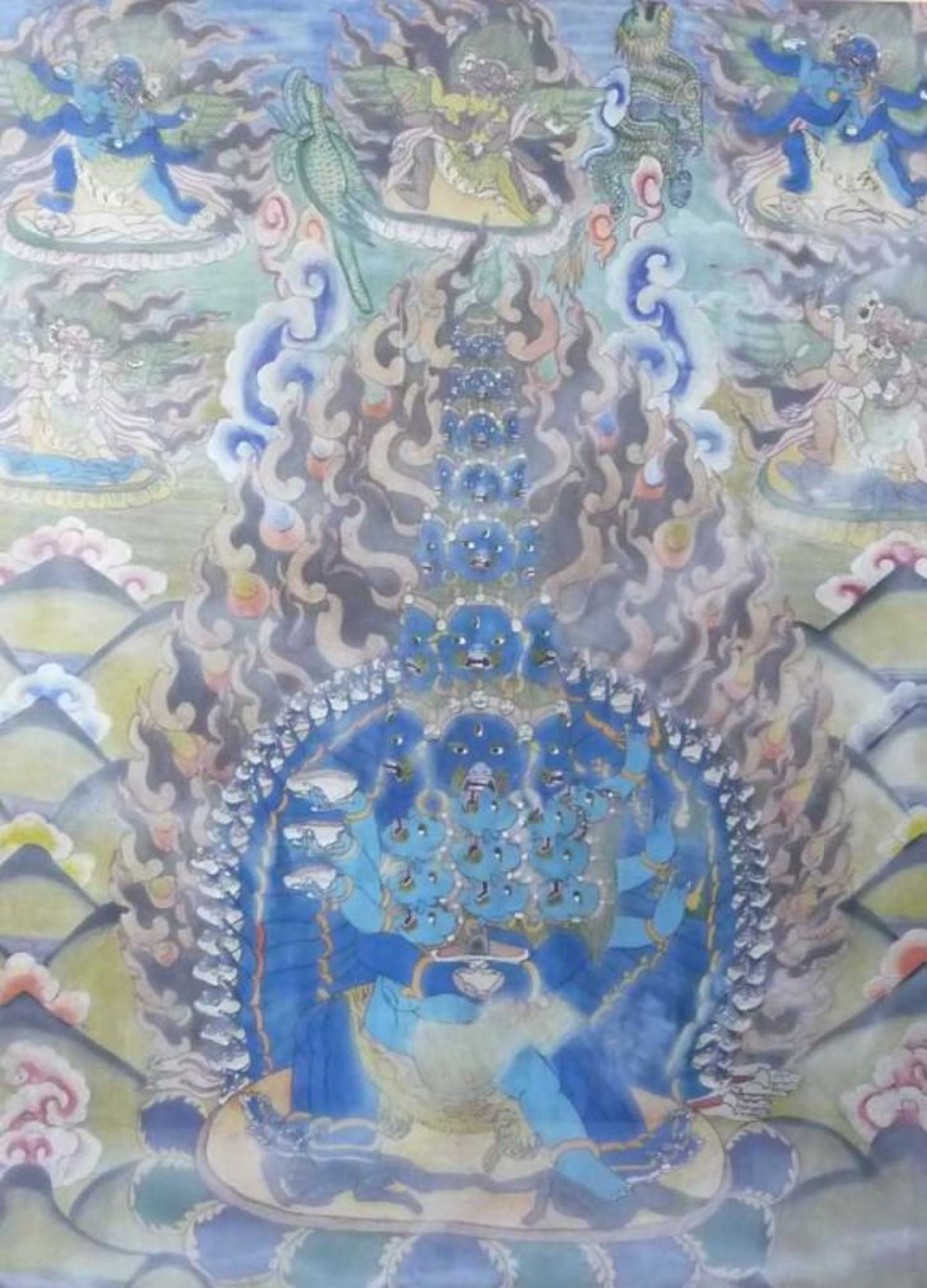 Thangka mit Mahakala Tibet Blauer, sechsarmiger Schutzgott mit verschiedenen Attributen in den