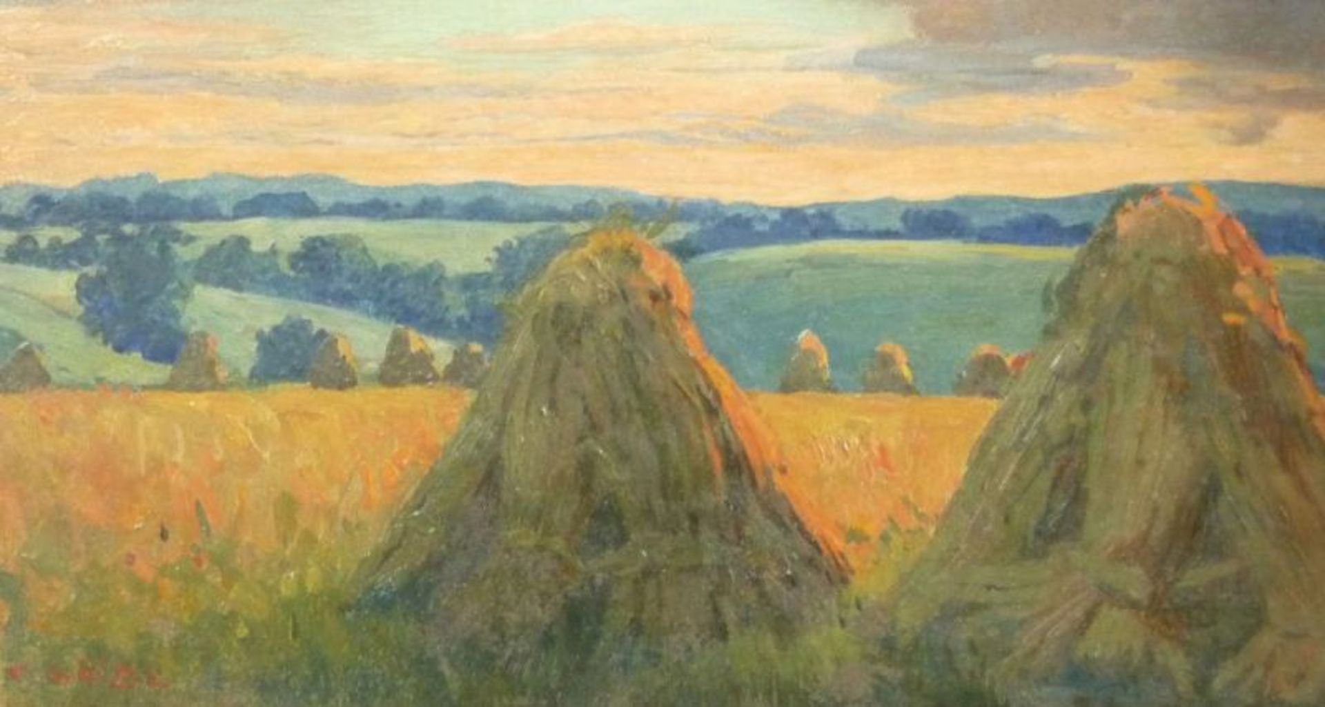 Goebl-Wahl, Camilla Landschaft mit Heumanderln im Abendrot (Wien 1877-1965) Öl/Karton. Links unten