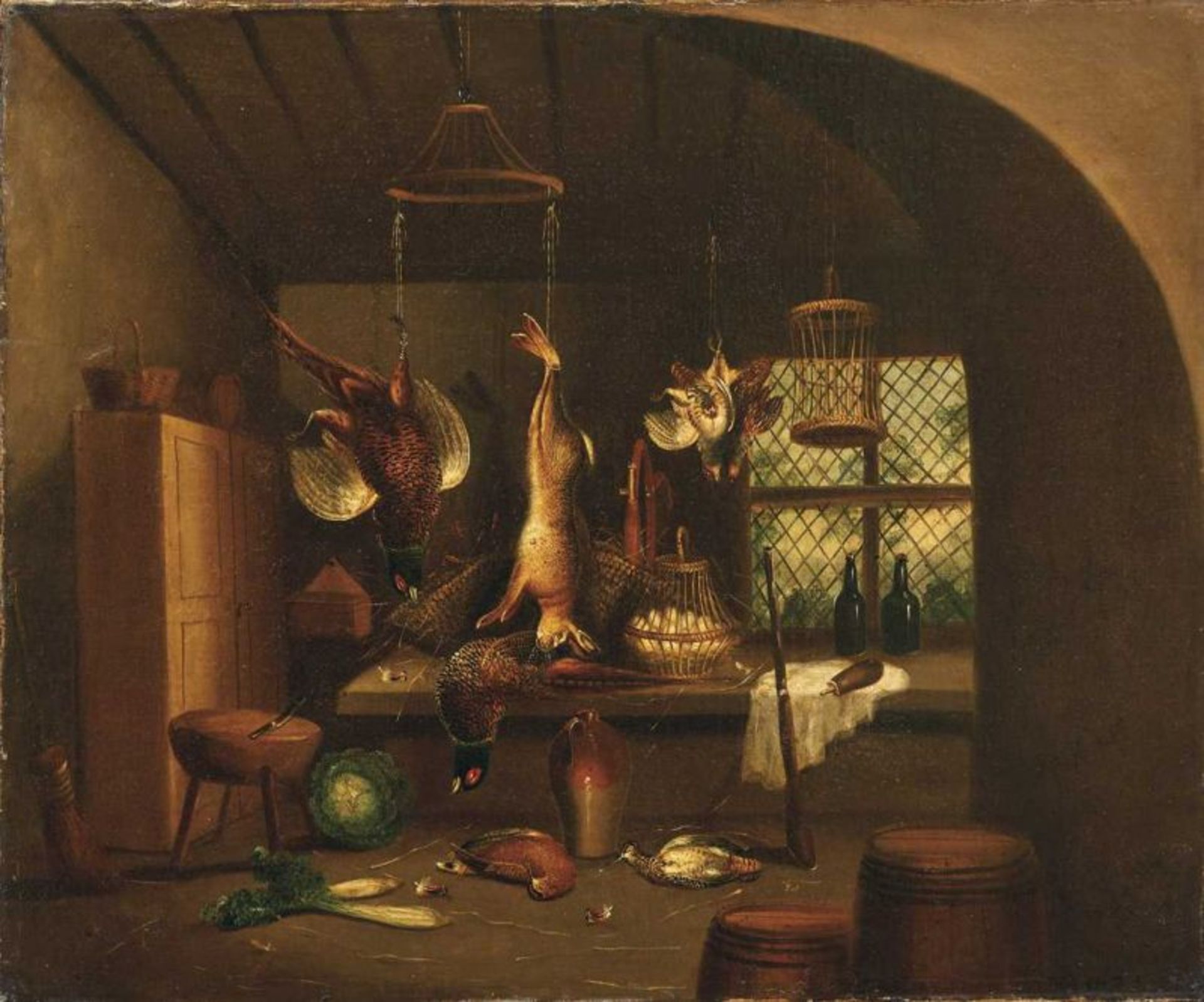 Kücheninterieur Holland oder Norddeutschland, 18. Jh. Vorratskammer mit aufgehängtem Hasen, erlegten