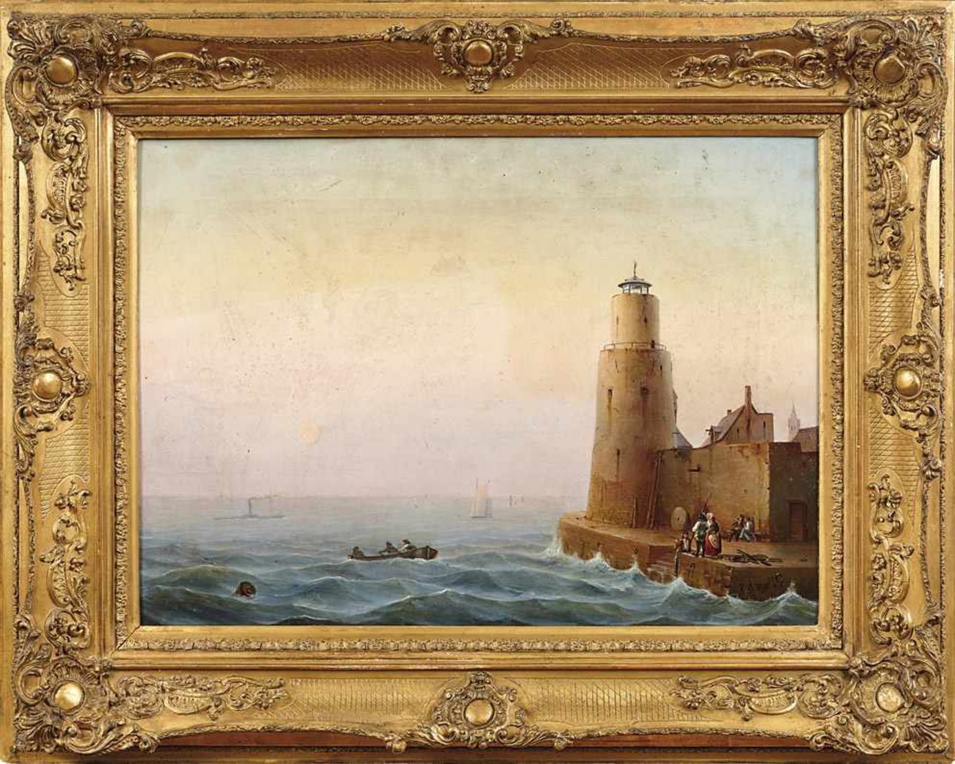 Marinemaler des 19. Jahrhunderts Hafenszene mit Leuchtturm Öl/Lwd. Rechts unten monogrammiert "J.B.