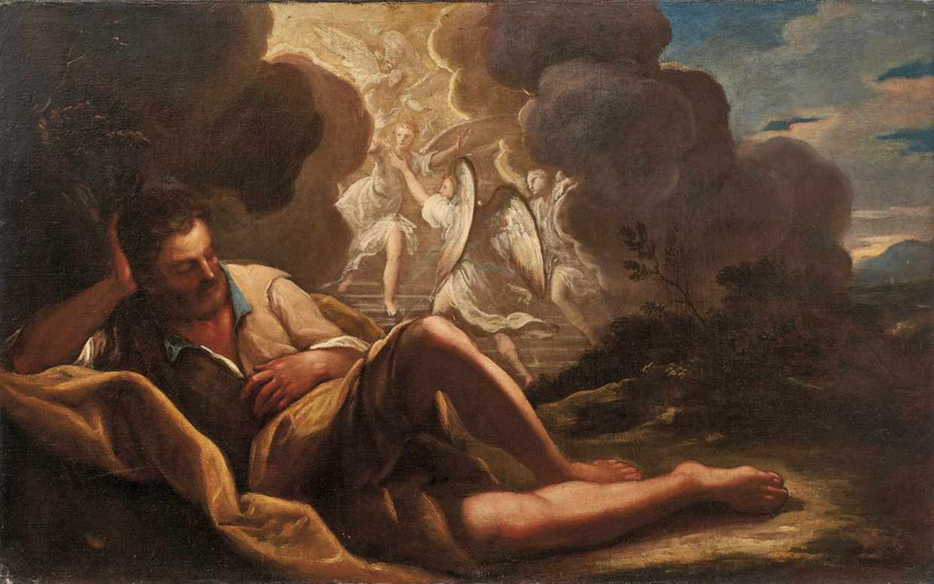 Emilianische Schule des 17. Jh. Jakobs Traum von der Himmelsleiter Öl/Lwd., doubl. 73 x 116 cm;