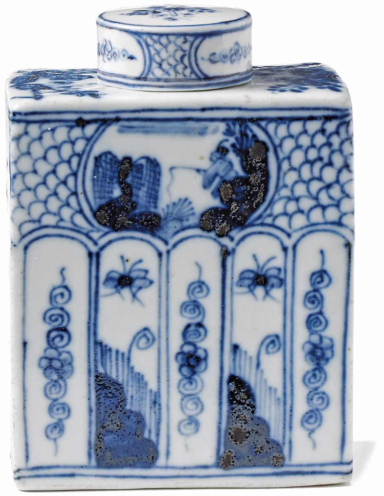 Frühe Teedose mit chinesischen Anglern Meissen, um 1730/35 Flächendeckender Blaudekor, im oberen