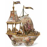 Miniatur-Schiff Wohl Wien, 2. H. 19. Jh. Auf vier durchbrochen gearbeiteten Rädern Einmaster mit