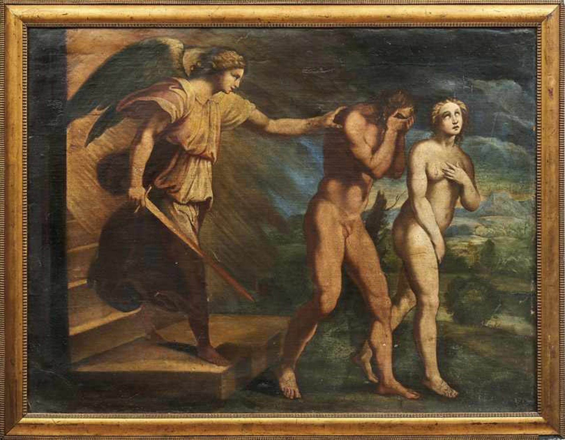 Vertreibung aus dem Paradies Italien, 17. Jh. Öl/Lwd., doubl. 74,5 x 97,5 cm. - Altersschäden.