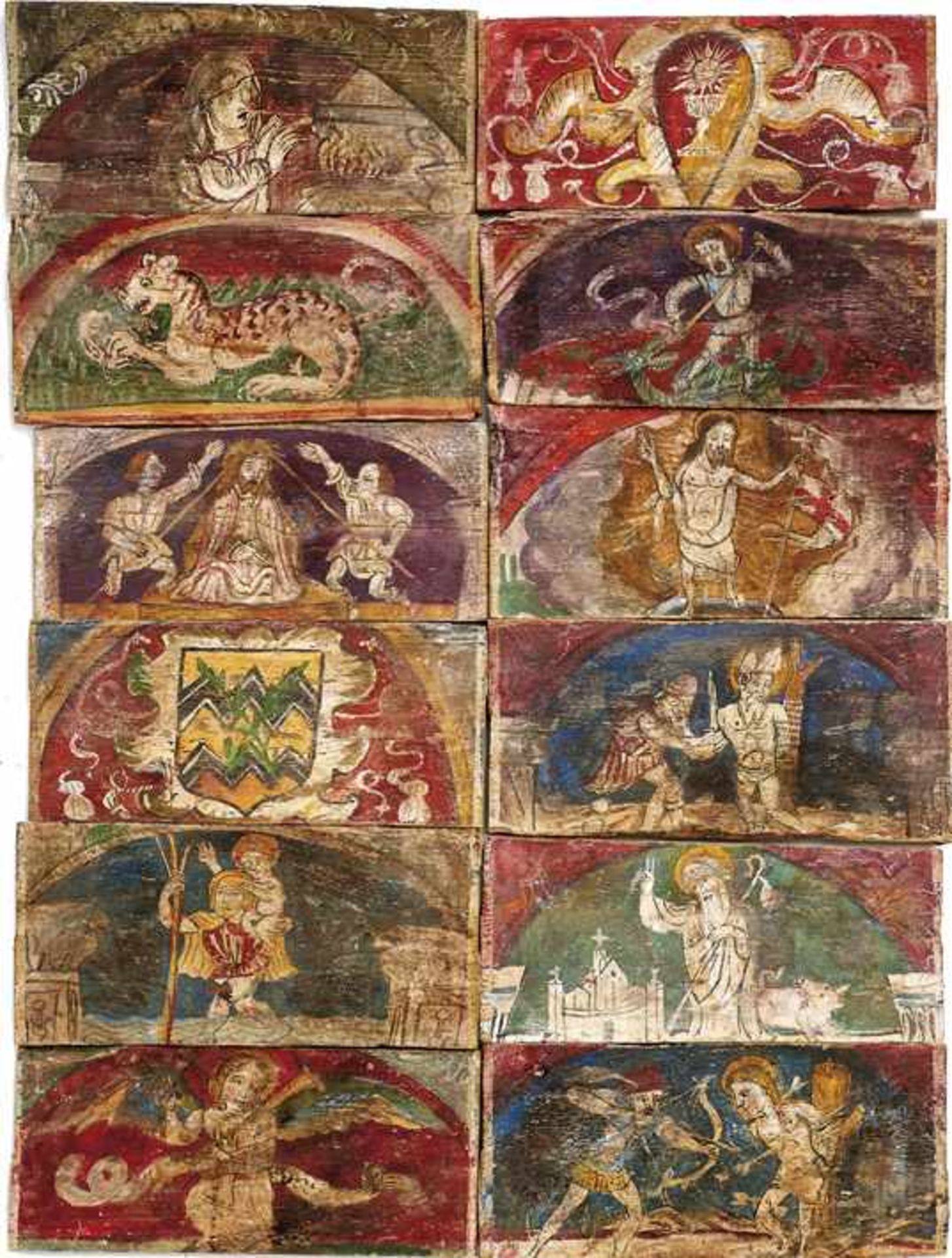 78 Tafeln einer bemalten Holzdecke Lombardische Schule des 16. Jahrhunderts Schmale, querrechteckige